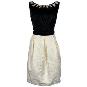 ELIZA J Cream & Black Rhinestone Beaded Neck Line Box Pleated Cocktail Dress  8
